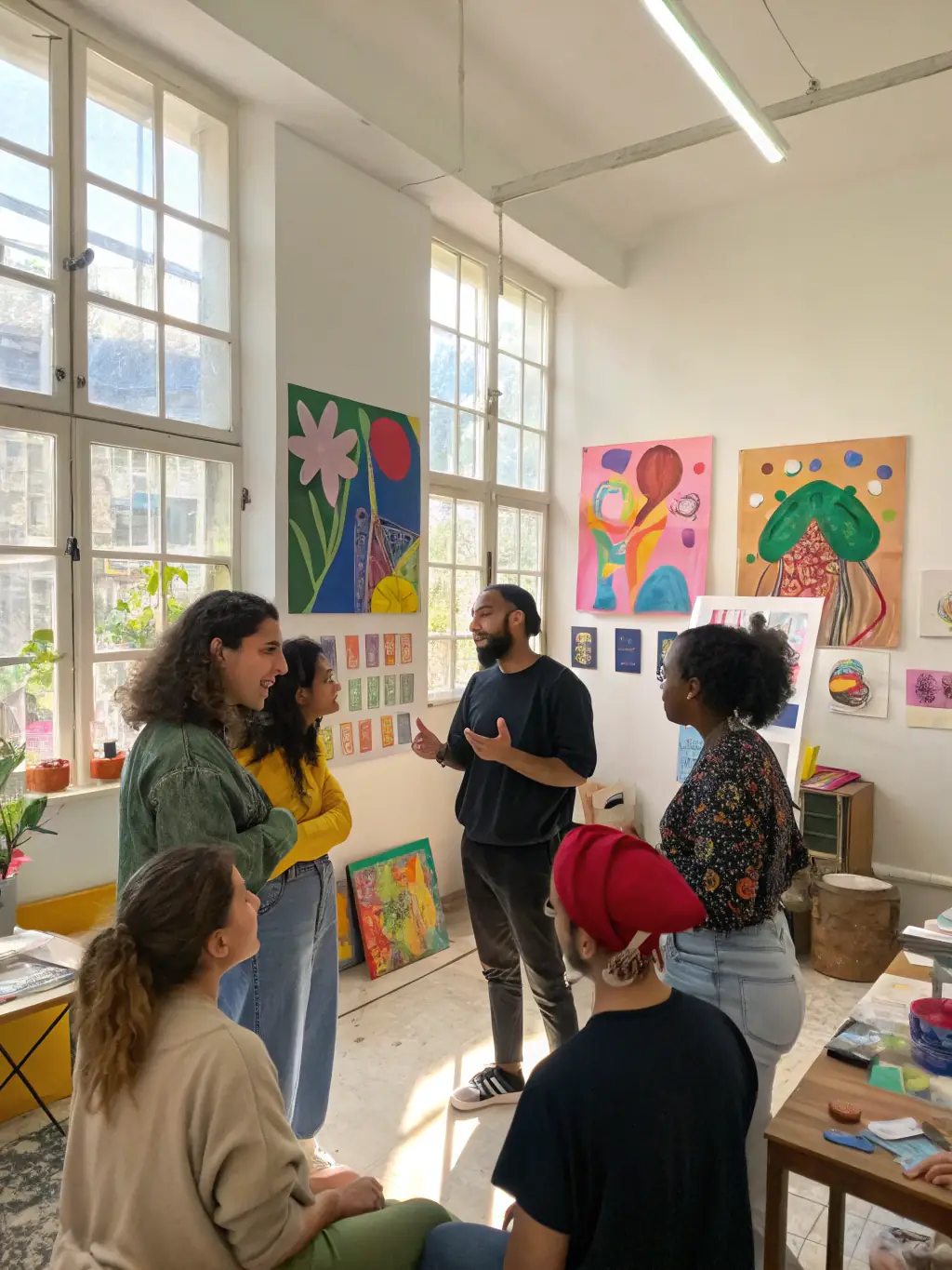 A professional artist leading a small group discussion with emerging local artists, surrounded by easels and canvases, fostering mentorship and collaboration.