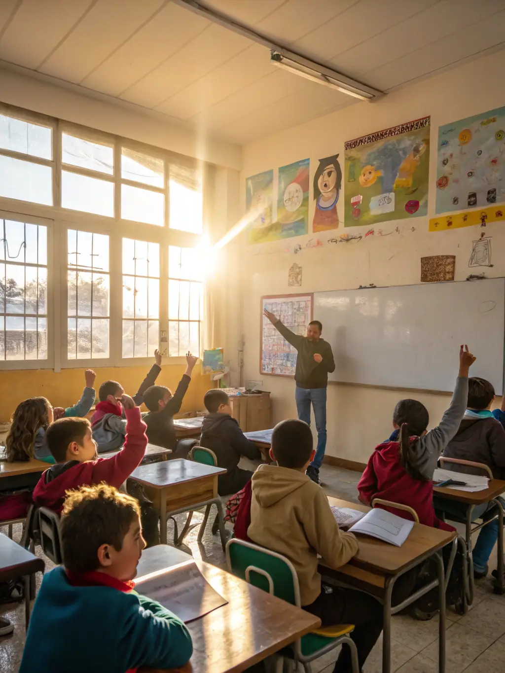 A classroom setting where students and teachers engage with contemporary artworks, with a museum educator facilitating a lively discussion about artistic expression.