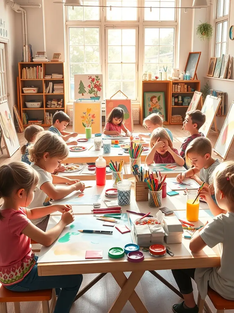 A group of children and adults gathered around a table, participating in a hands-on contemporary art workshop, with colorful materials and artworks in progress, inside a bright museum studio.