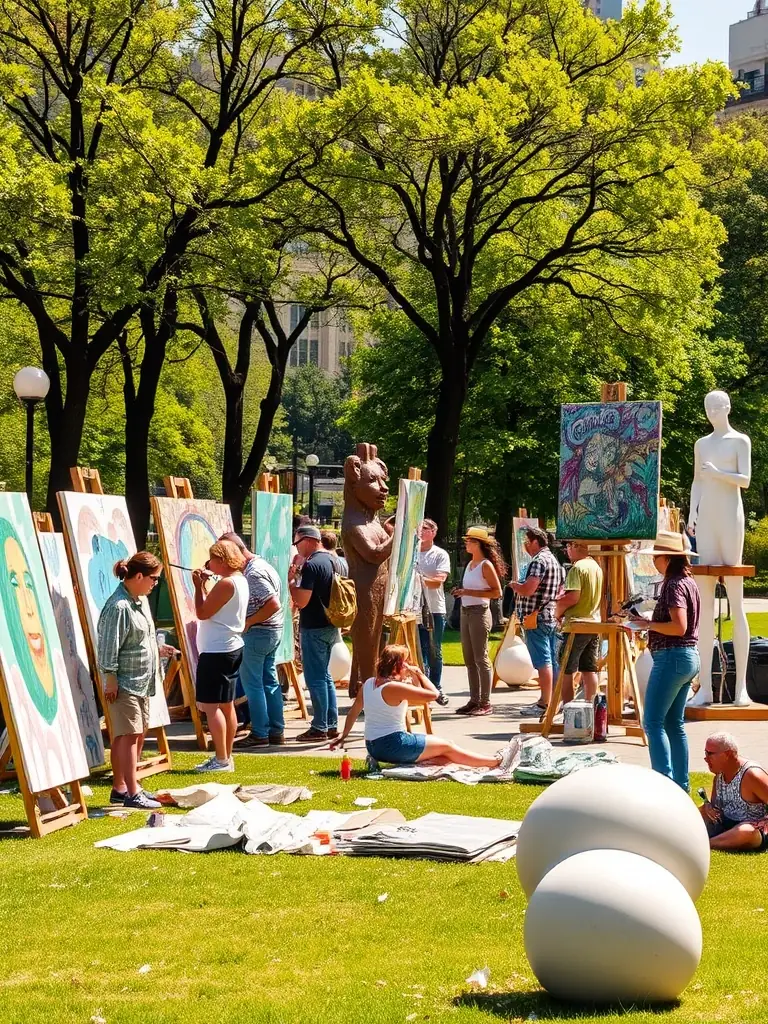 A vibrant community event in the museum courtyard, featuring live art demonstrations, collaborative mural painting, and visitors interacting with artists.